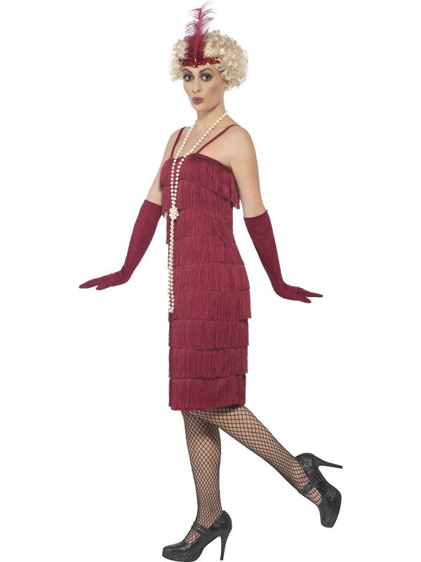 Smiffys rotes 20er Jahre Carla Flapper Kleid Damenkostüm mit Handschuhen und Kopfschmuck von Fasnacht24.ch – Detailansicht