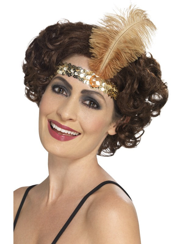 Smiffys 1920er Gold Pailletten Stirnband mit Straussenfeder – Flapper Kopfschmuck - Fasnacht24.ch