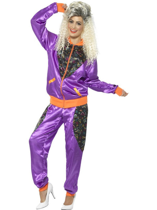 Smiffys 80er Neon Retro Jogger Kostüm – Violett Orange, Größe S - Fasnacht24.ch