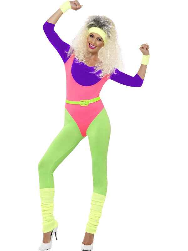 Smiffys Neon 80er Jahre Workout Jumpsuit – Pink & Grün Aerobic Kostüm - Fasnacht24.ch