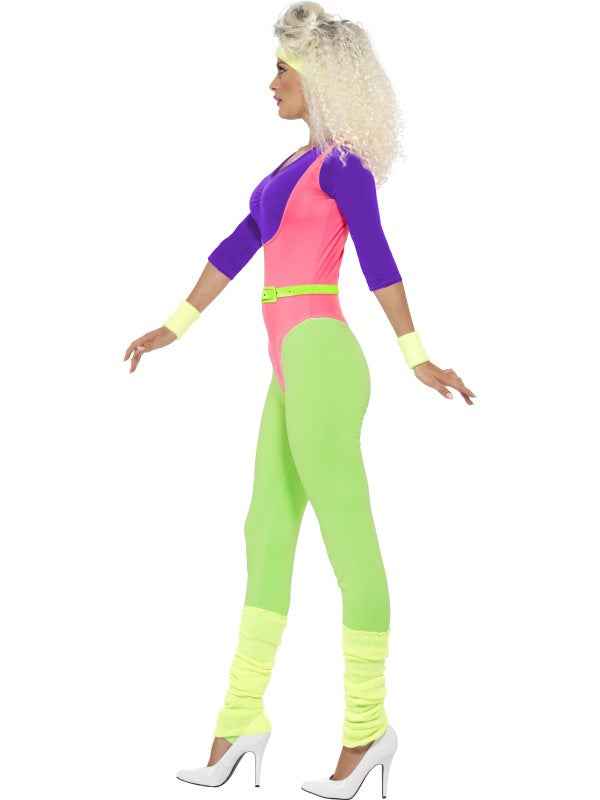 Smiffys Neon 80er Jahre Workout Jumpsuit – Pink & Grün Aerobic Kostüm - Fasnacht24.ch