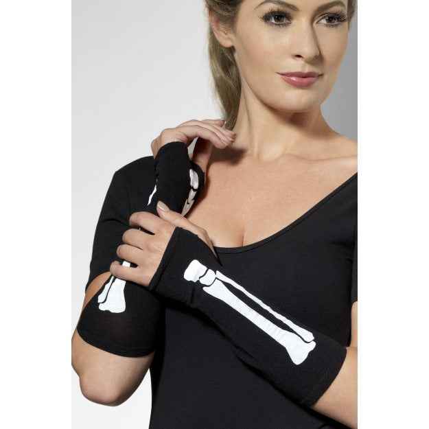 Smiffys Fingerlose Armwärmer mit Leuchtendem Skelett-Print – Halloween - Fasnacht24.ch