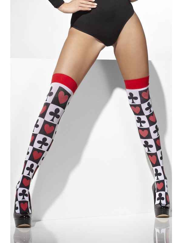 Smiffys Opaque Overknee Strümpfe Weiß mit Poker Muster – Silikongriff - Fasnacht24.ch