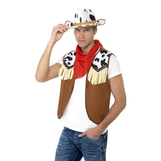 Smiffys Herren Cowboy Kostüm Set – Braune Weste, Hut & Rotes Halstuch - Fasnacht24.ch