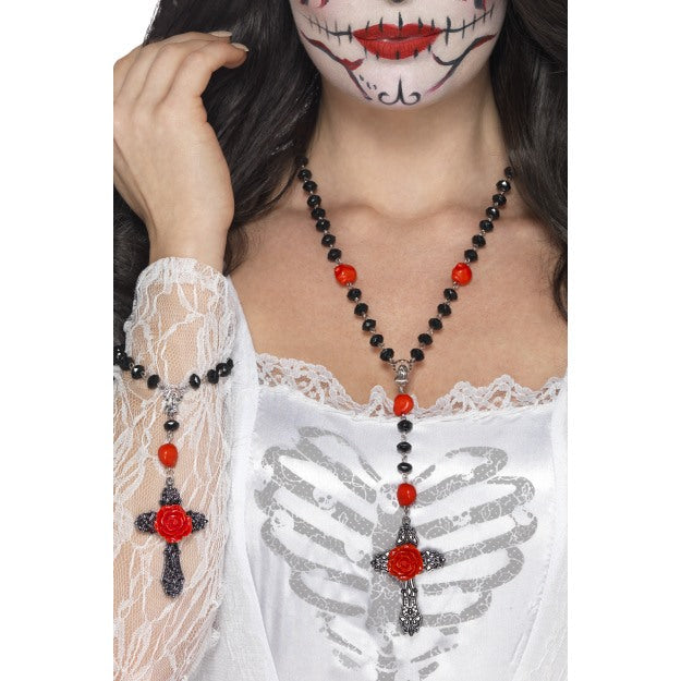 Smiffys Day of the Dead Schmuck Set – Halskette & Armband mit Rosen-Kreuz