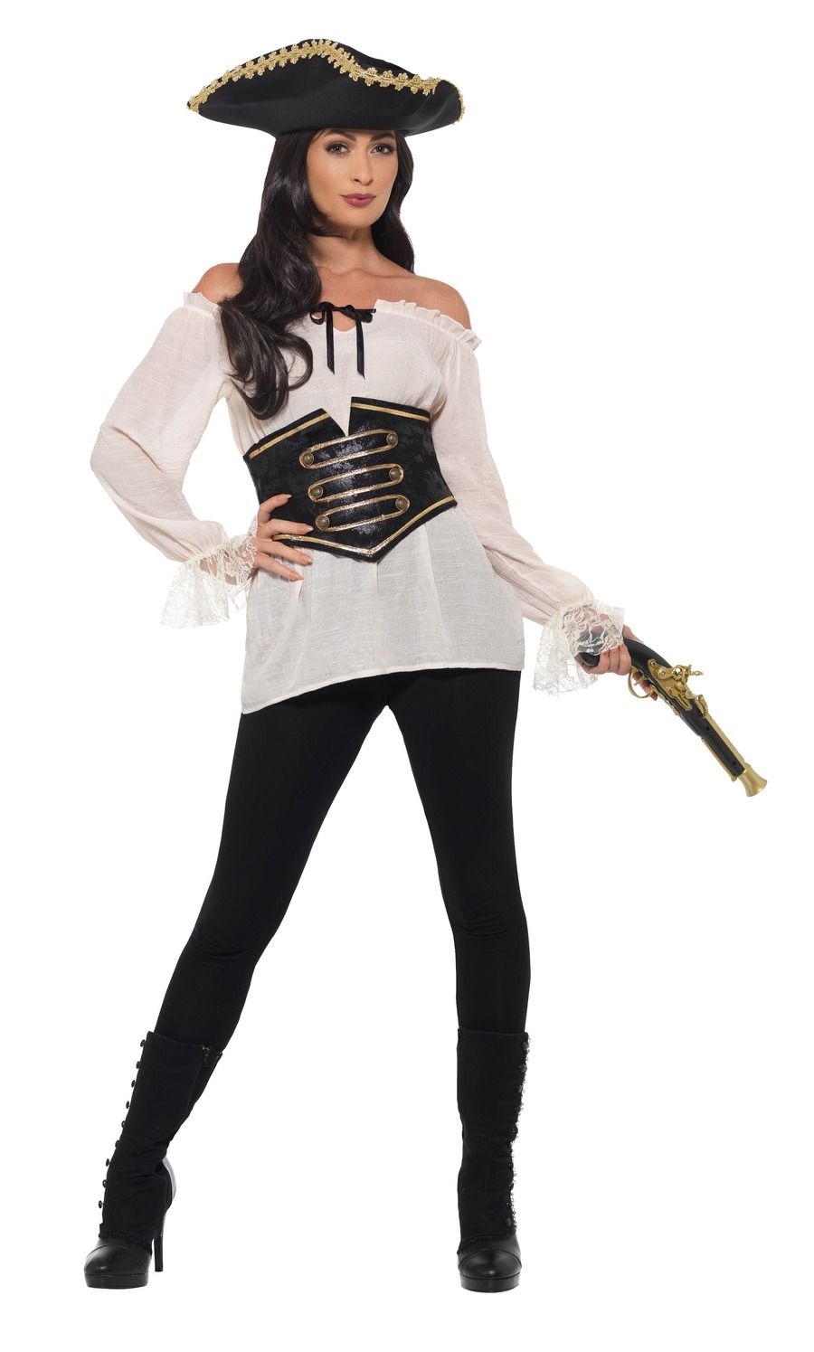 Piratenbluse Damen Smiffys Deluxe – Beige, Schnürung & Schulterfrei - Fasnacht24.ch