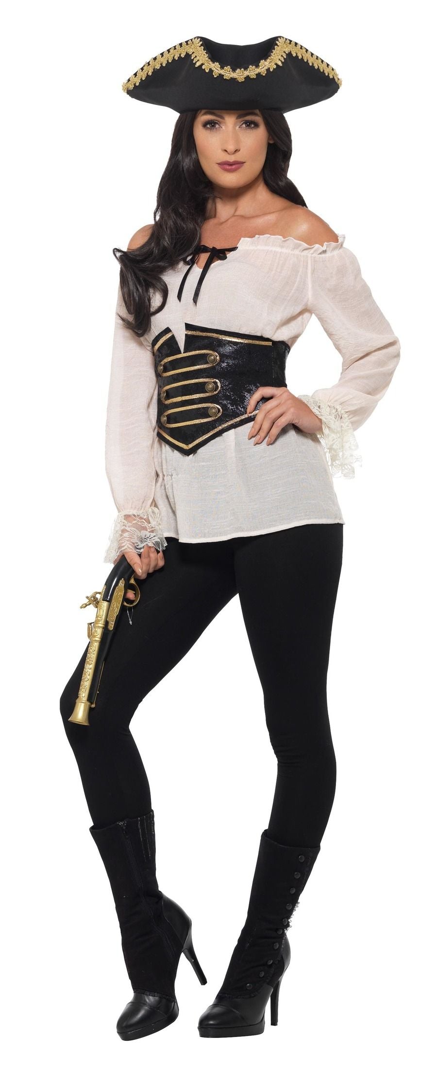 Piratenbluse Damen Smiffys Deluxe – Beige, Schnürung & Schulterfrei - Fasnacht24.ch