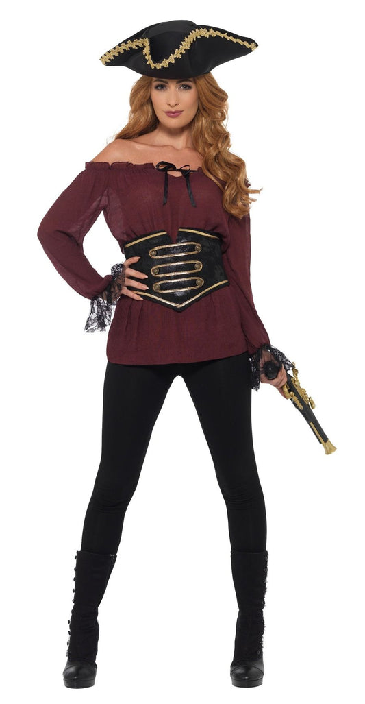 Smiffys Deluxe Damen Piratenbluse – Burgunderrot Mit Schnürung - Fasnacht24.ch