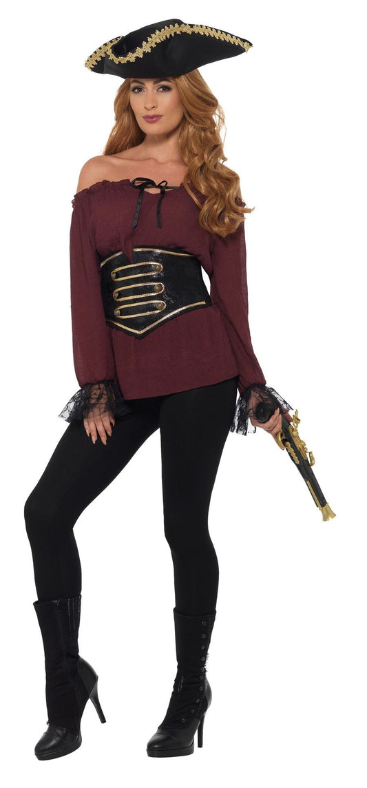 Smiffys Deluxe Damen Piratenbluse – Burgunderrot Mit Schnürung - Fasnacht24.ch