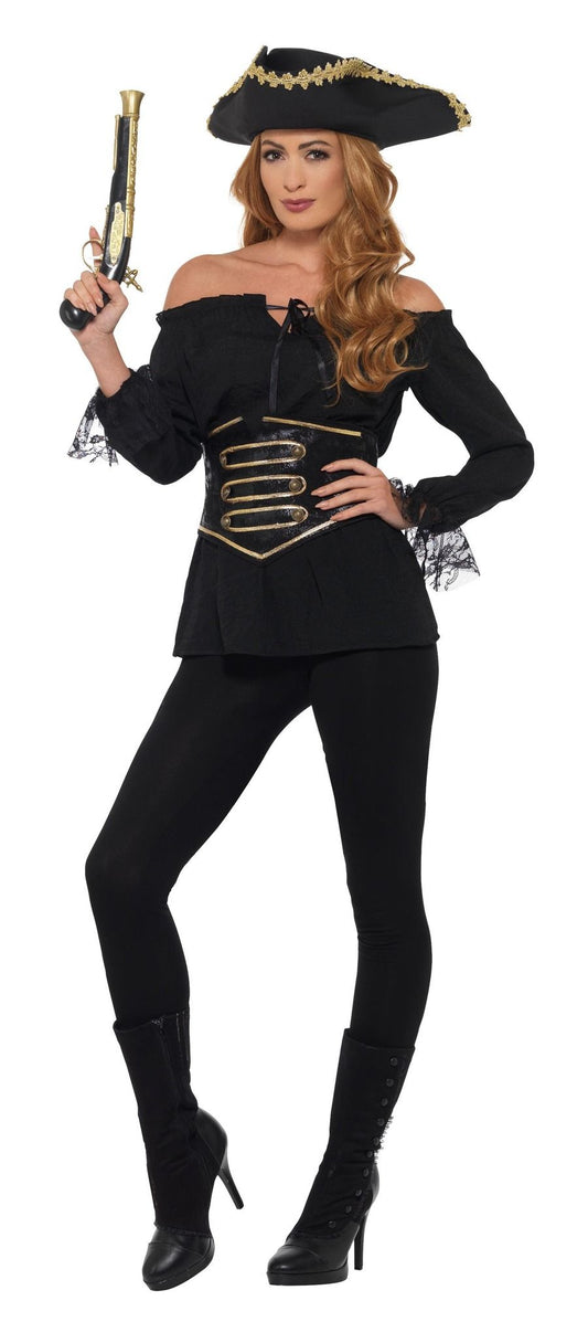 Smiffys Deluxe Piratenbluse Damen – Schwarz Mit Korsett-Lacing - Fasnacht24.ch