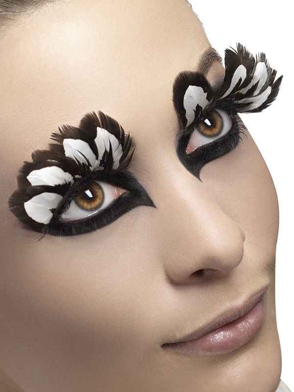 Smiffys Lange Dunkelbraun-Weiss Feder Falsche Wimpern – Reusable