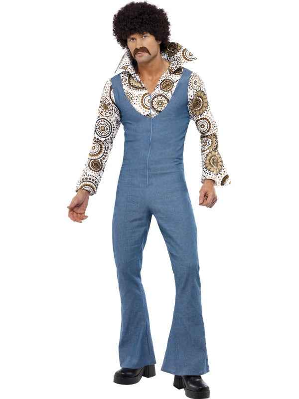 Smiffys Groovy Dancer Herren Kostüm blauer Jumpsuit mit Mock-Shirt – Produktansicht
