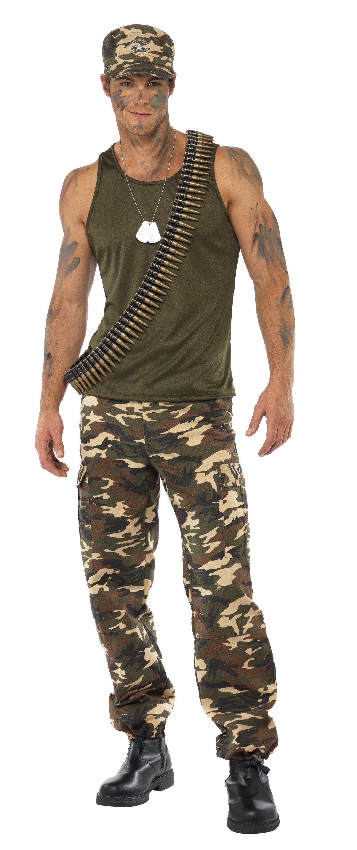 Smiffys Camouflage Combat Soldaten Kostüm – Grünes Muskelshirt & Camo Hose - Fasnacht24.ch