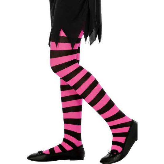 Smiffys Gestreifte Kinderstrumpfhose Pink/Schwarz – 6-12 Jahre - Fasnacht24.ch