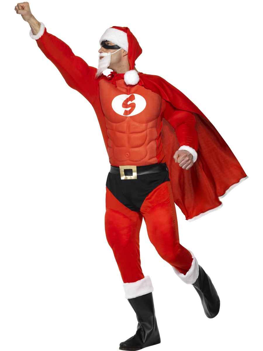 Smiffys Super Santa Kostüm Herren Rot Polyester mit Maske und Cape - Fasnacht24.ch – Detailansicht