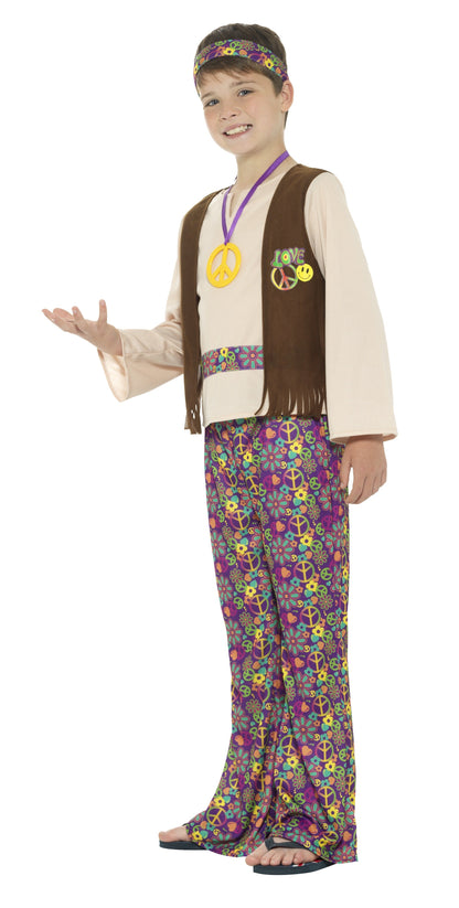Smiffys Hippie Jungenkostüm bunt mit Fransenweste und Schlaghose auf Fasnacht24.ch – Seitenansicht