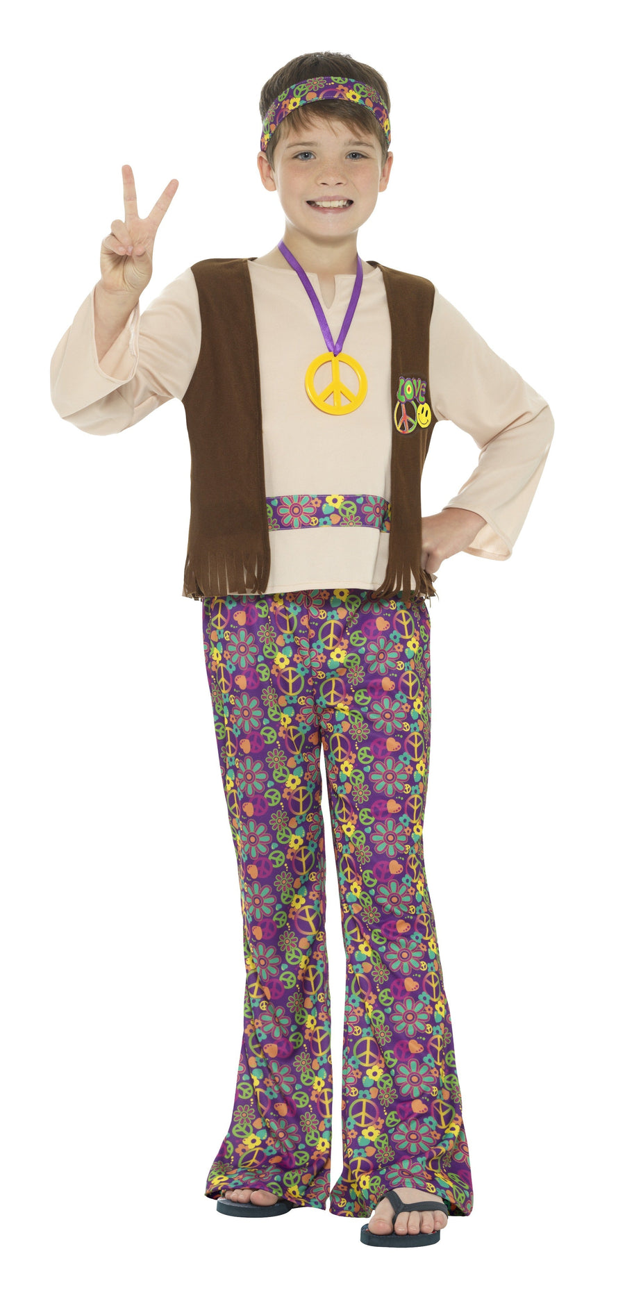 Smiffys Hippie Jungenkostüm bunt mit Fransenweste und Schlaghose auf Fasnacht24.ch – Produktansicht