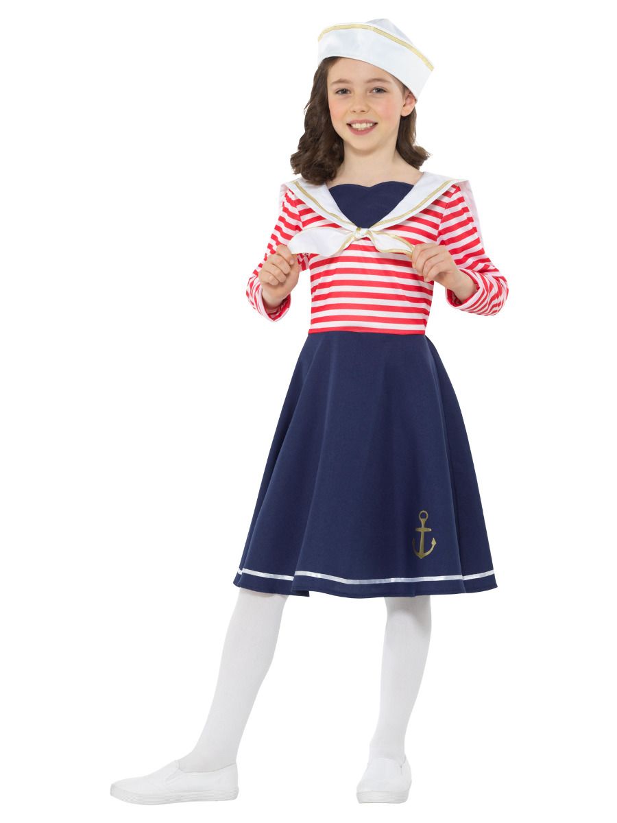 Smiffys Sailor Girl Kinderkostüm – Blau-Weisses Kleid & Matrosenhut – Detailansicht