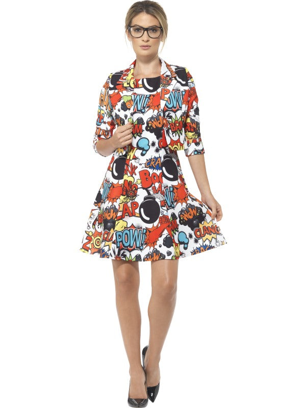Smiffys Comic Party Kleid und Jacke Weiss mit bunten Comic Prints - Fasnacht24.ch – Produktansicht