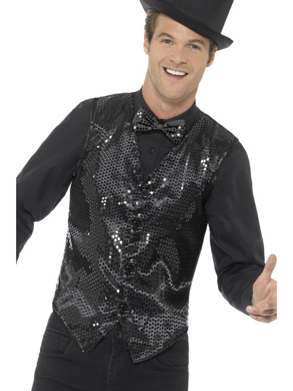Smiffys Pailletten Weste Schwarz – Leichte Unisex Sequin Vest – Produktansicht