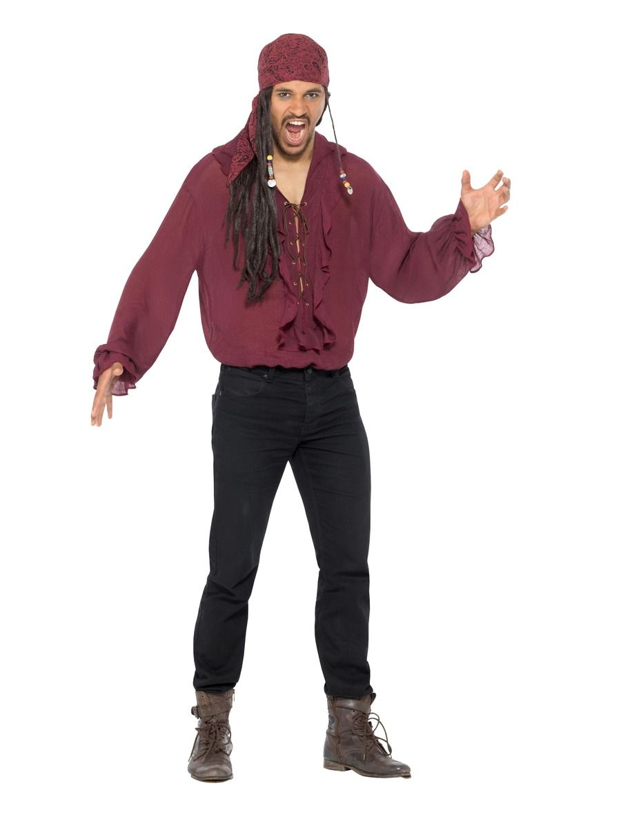 Smiffys Piratenhemd Herren – Dunkelrot mit Rüschen und Schnürung - Fasnacht24.ch