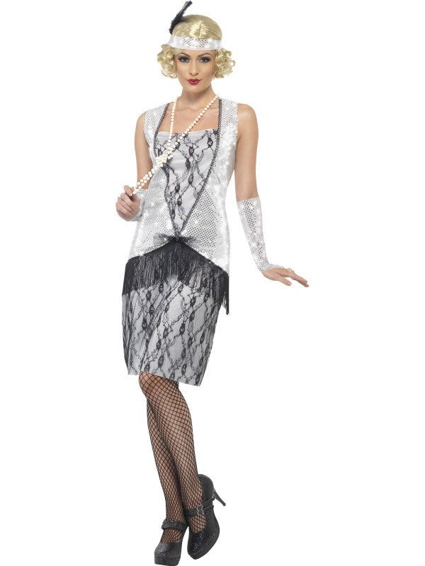 Smiffys Roaring 20s Charleston Damenkostüm – Silber Sequin Kleid - Fasnacht24.ch