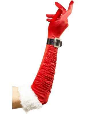 Smiffys Santa Handschuhe – Rote Satin Gloves mit Fell und Gürtel - Fasnacht24.ch