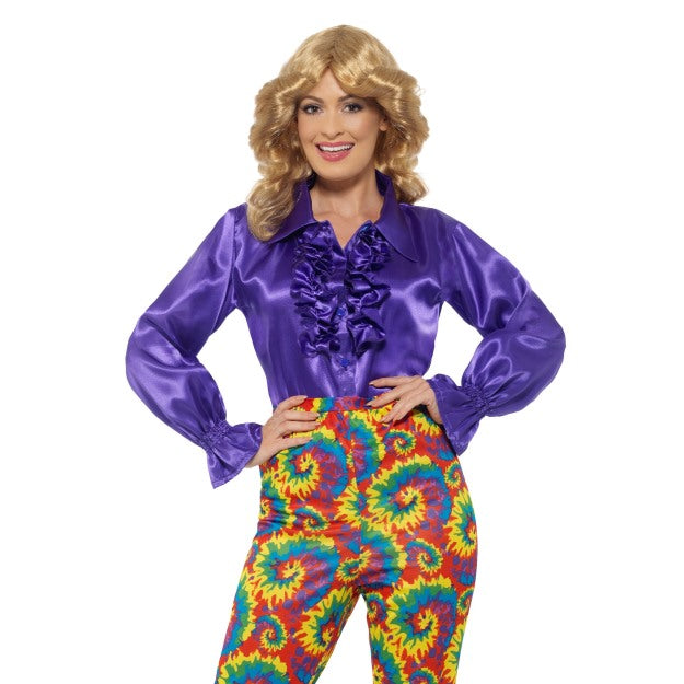 Smiffys Satin Rüschen Hemd Damen – Lila Kurzschnitt Bluse - Fasnacht24.ch