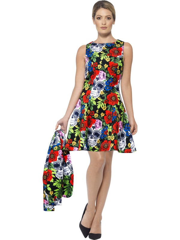 Smiffys Tag der Toten Damen Kleid mit Jacke – Bunte Zucker-Schädel - Fasnacht24.ch