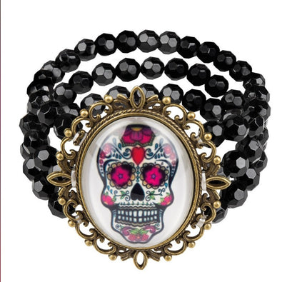 Smiffys Tag der Toten Guadalupe Armband Schwarz Beads mit Totenschädel - Fasnacht24.ch – Produktansicht