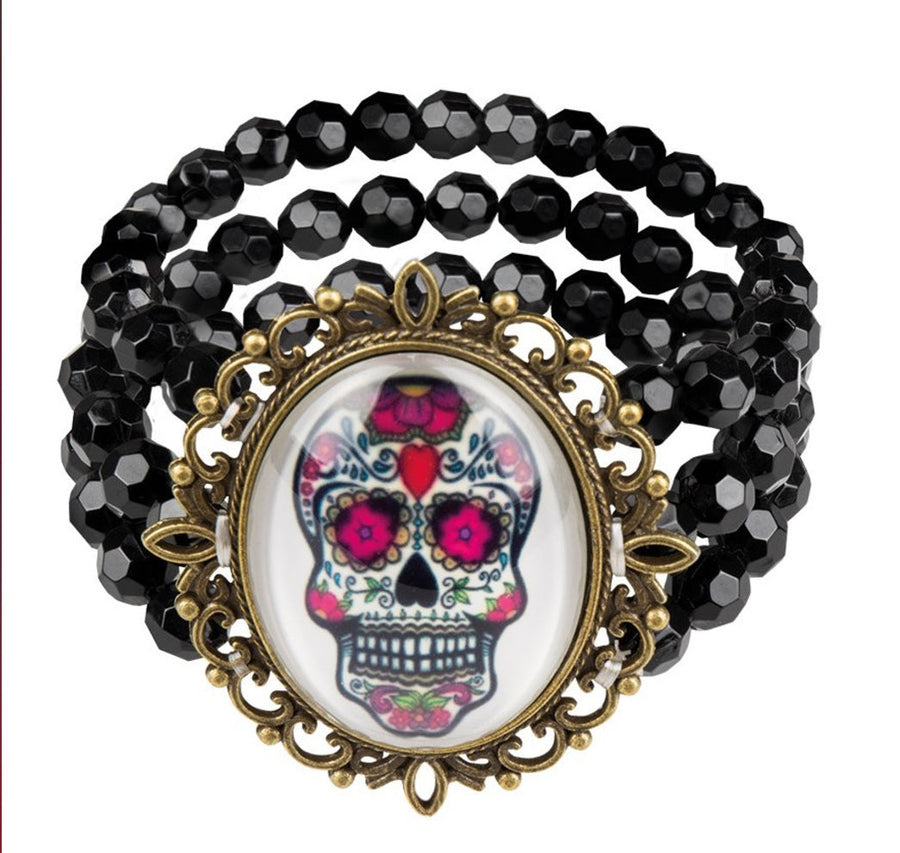 Smiffys Tag der Toten Guadalupe Armband Schwarz Beads mit Totenschädel - Fasnacht24.ch – Produktansicht