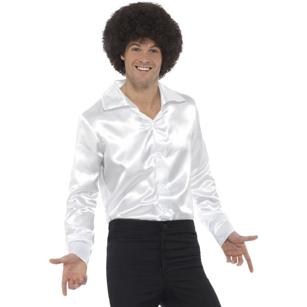 Smiffys Weißes Glänzendes Satin Disco Hemd für Herren – Retro 70er - Fasnacht24.ch
