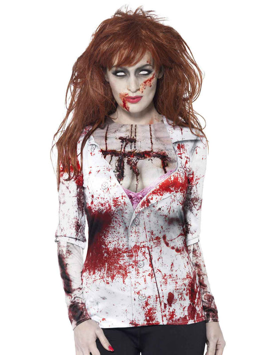 Smiffys Zombie Frau Longsleeve – Weiß Rot Halloween Kostümshirt - Fasnacht24.ch