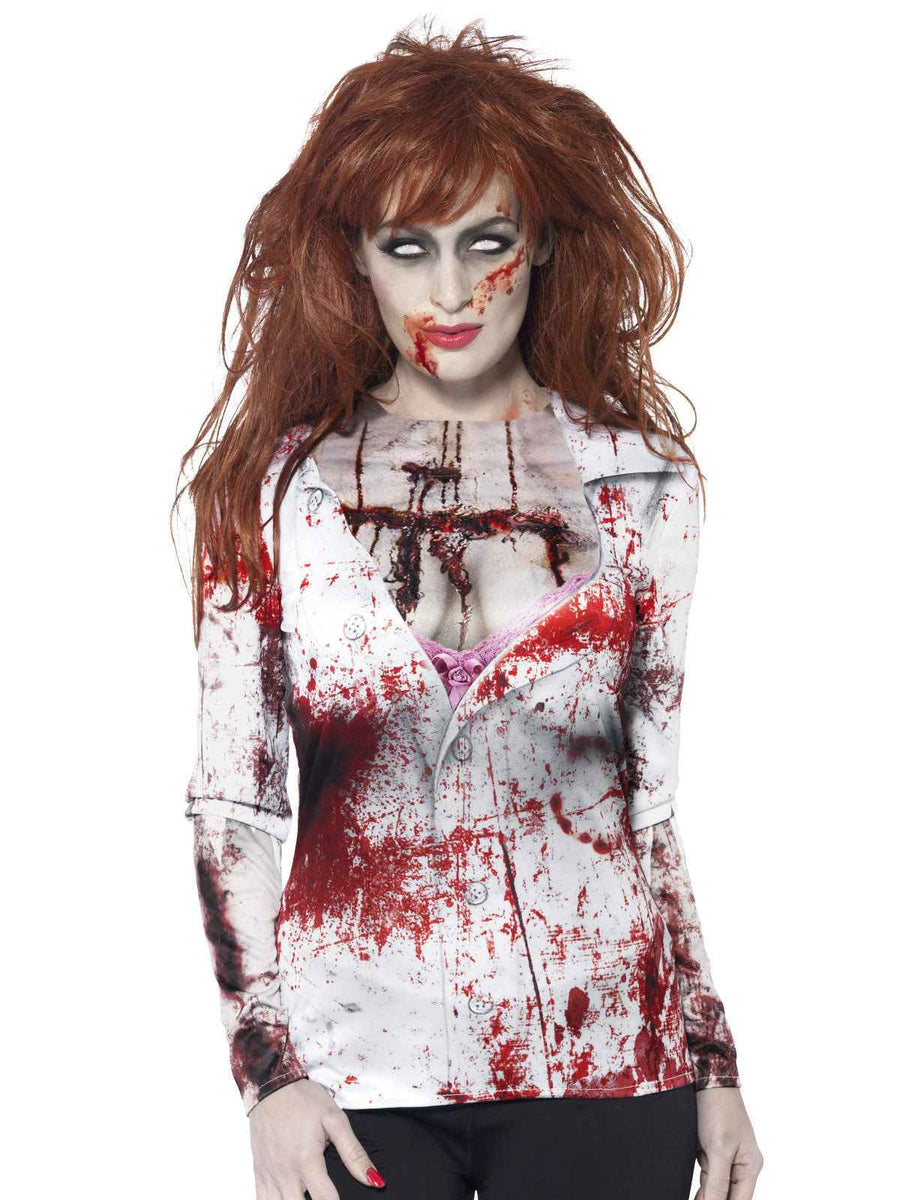Smiffys Zombie Frau Longsleeve Weiss Rot Halloween Kostümshirt