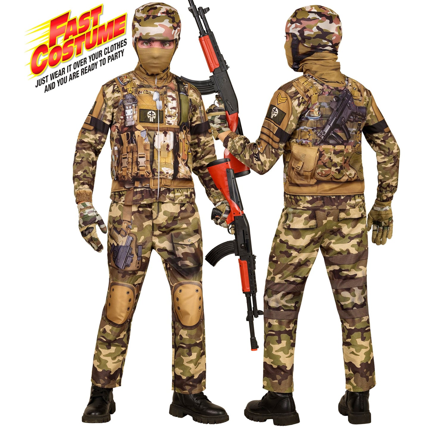 "SOLDAT FAST COSTUME" (Oberteil, Hose, Handschuhe, Maske) – Vorderansicht