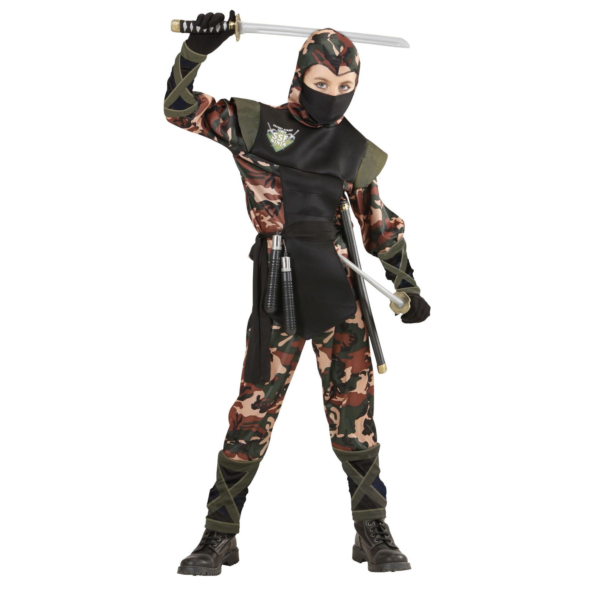 "SOLDAT NINJA" (Oberteil mit Kapuze und Bänder, Hose mit Bändern, Gürtel,Mundschutz) – Vorderansicht