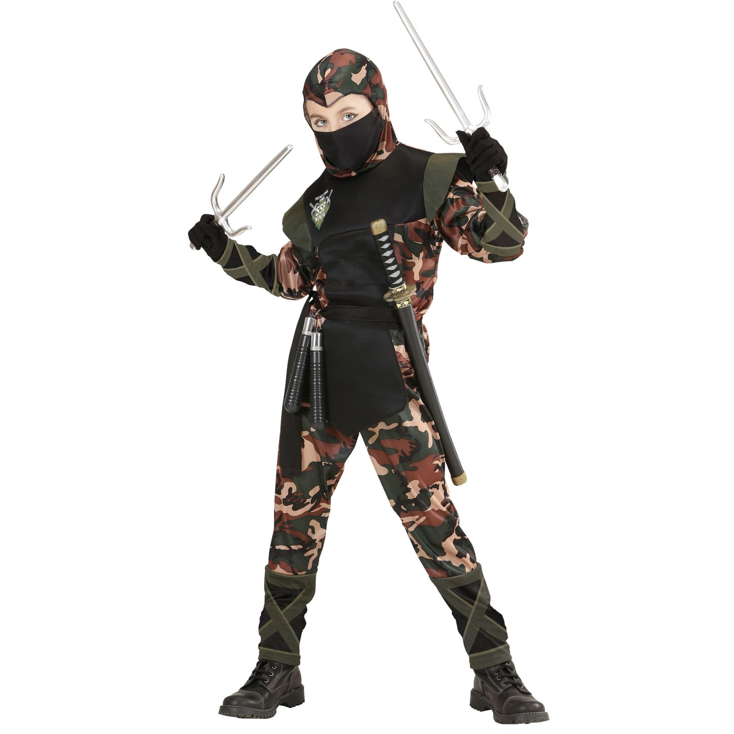 "SOLDAT NINJA" (Oberteil mit Kapuze und Bänder, Hose mit Bändern, Gürtel,Mundschutz) – Detailansicht