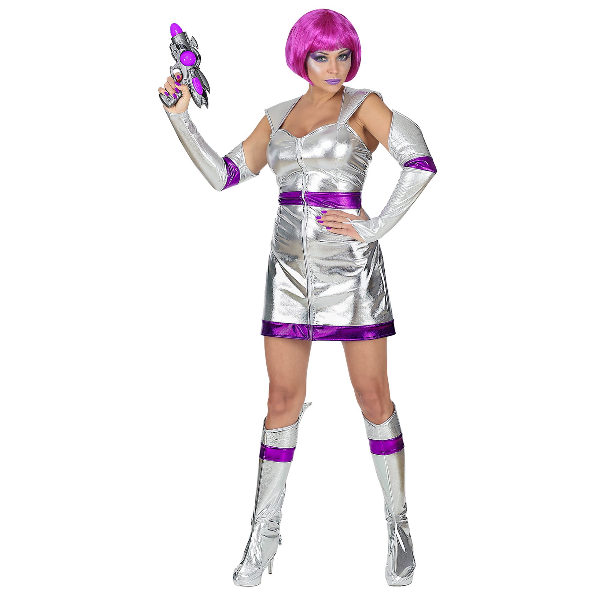 "SPACE GIRL" (Kleid, fingerlose Handschuhe, Stiefelüberzieher) – Vorderansicht