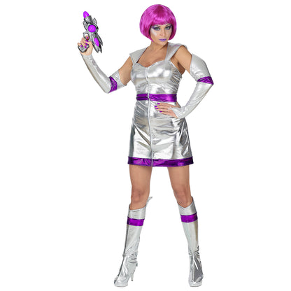 "SPACE GIRL" (Kleid, fingerlose Handschuhe, Stiefelüberzieher) – Vorderansicht