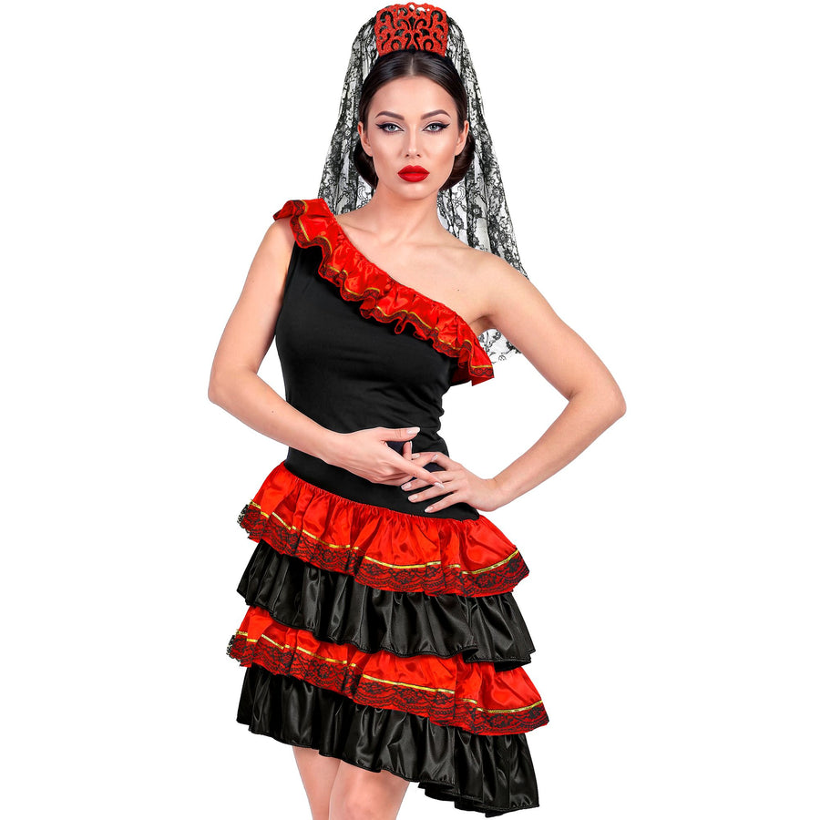 "SPANISCHE SENORITA" (Kleid, Kopfschmuck mit Schleier) – Vorderansicht