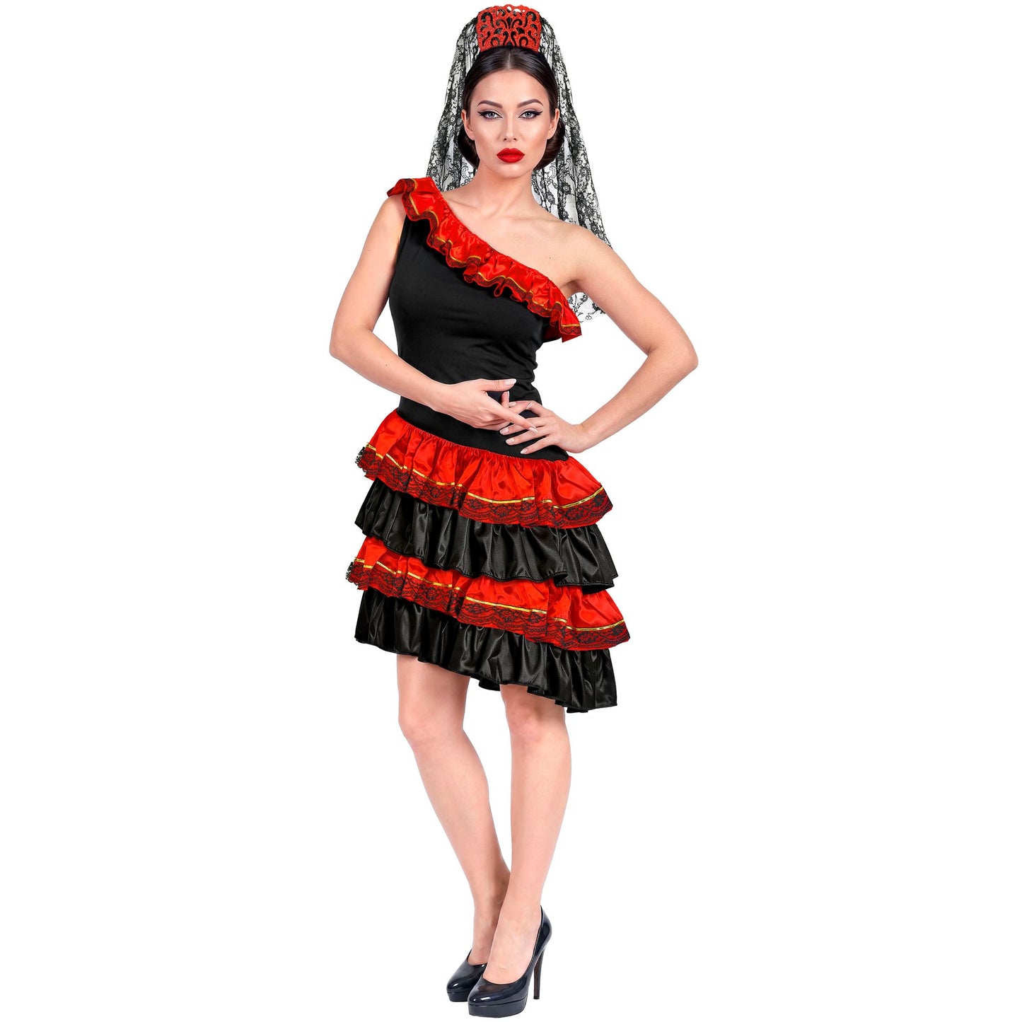 "SPANISCHE SENORITA" (Kleid, Kopfschmuck mit Schleier) – Detailansicht