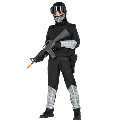 "SPECIAL FORCES" (Overall, Einsatzweste, Maske mit Kapuze, Brille, Gürtel mit Holster, Armschoner, Schienbeinschoner, Handschuhe) – Vorderansicht