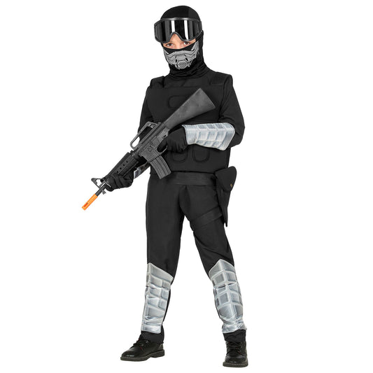 "SPECIAL FORCES" (Overall, Einsatzweste, Maske mit Kapuze, Brille, Gürtel mit Holster, Armschoner, Schienbeinschoner, Handschuhe) – Vorderansicht