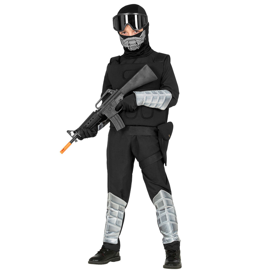 "SPECIAL FORCES" (Overall, Einsatzweste, Maske mit Kapuze, Brille, Gürtel mit Holster, Armschoner, Schienbeinschoner, Handschuhe) – Vorderansicht