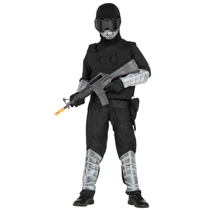 "SPECIAL FORCES" (Overall, Einsatzweste, Maske mit Kapuze, Brille, Gürtel mit Holster, Armschoner, Schienbeinschoner, Handschuhe) – Detailansicht