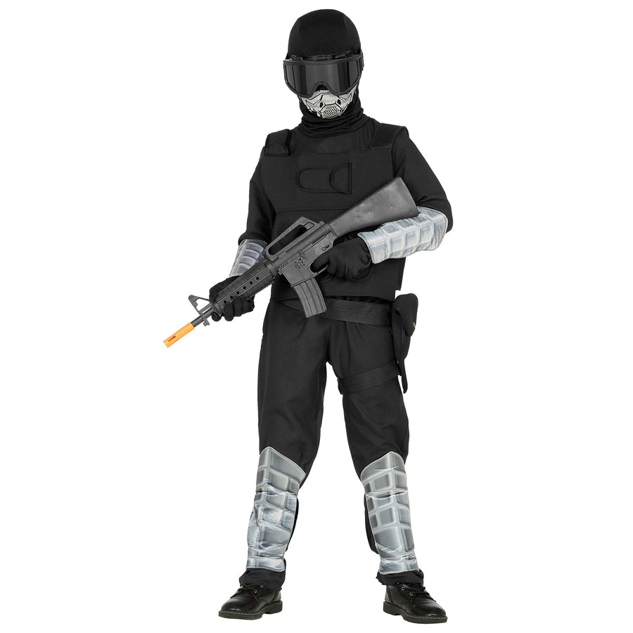 "SPECIAL FORCES" (Overall, Einsatzweste, Maske mit Kapuze, Brille, Gürtel mit Holster, Armschoner, Schienbeinschoner, Handschuhe) – Detailansicht