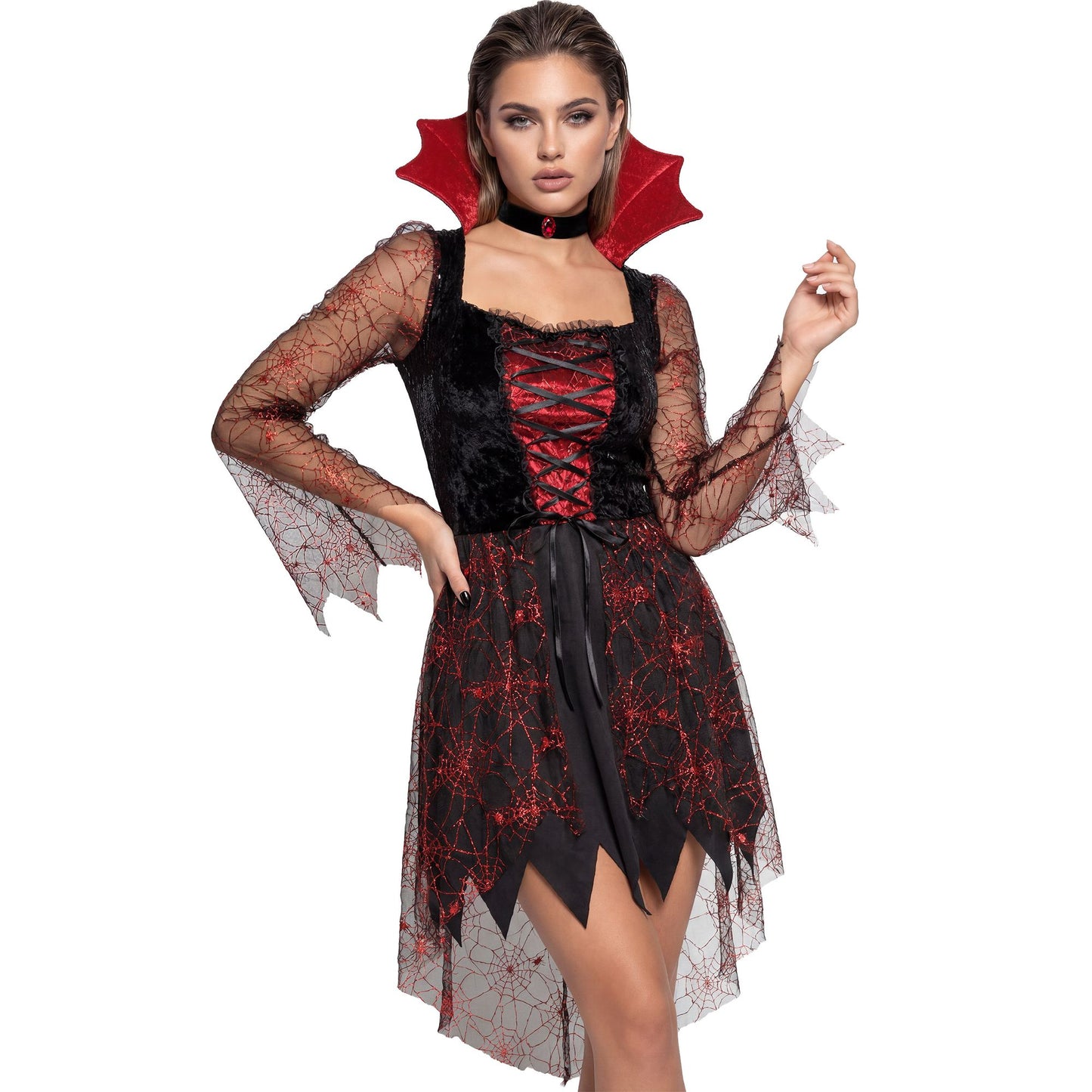 "SPIDERWEB VAMPIRIA" (Kleid, Kragen mit Edelstein) – Vorderansicht
