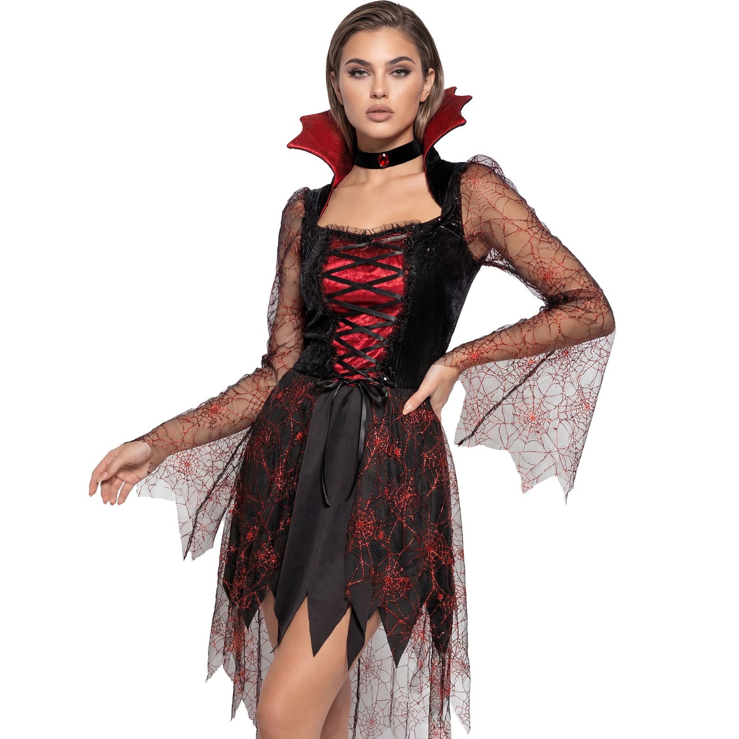 "SPIDERWEB VAMPIRIA" (Kleid, Kragen mit Edelstein) – Detailansicht