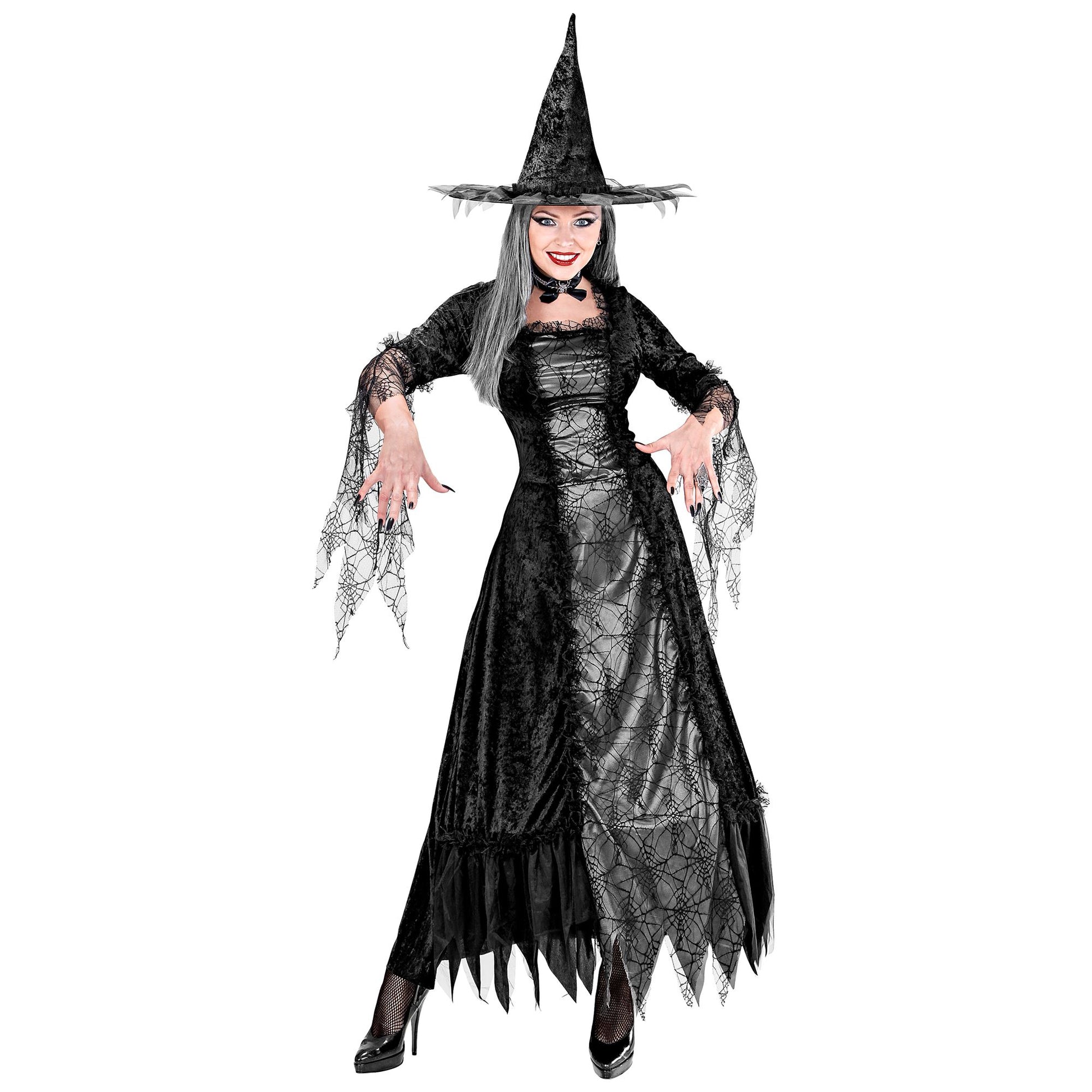 "SPIDERWEB WITCH" (Kleid mit Reifrock, Hut) – Vorderansicht