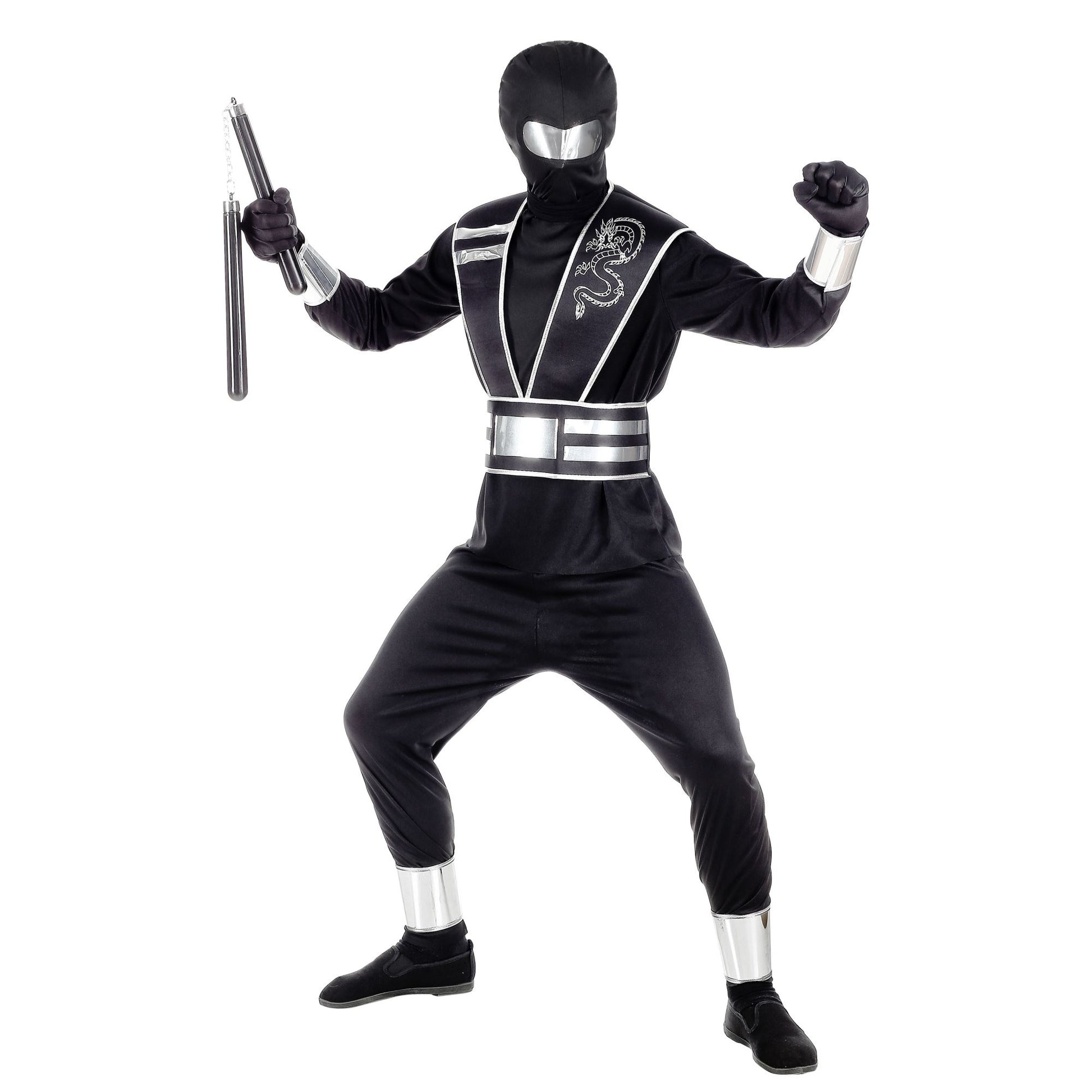 "SPIEGELNINJA" (Oberteil, Hose, Rüstung mit Gürtel, Armschoner, Beinschoner, Handschuhe, Maske) – Vorderansicht